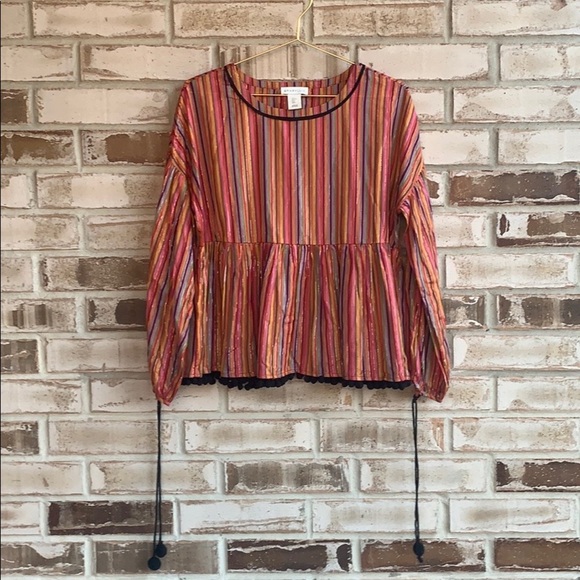 Amaryllis Long Sleeve Striped Pom Pom Peplum Blouse Size Small - Picture 1 of 7